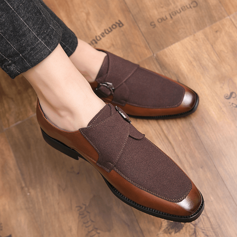 lovevop Men Retro Metal Buckle Leather Splicing Synthetic Suede Comfy Wearable Business Casual Shoes