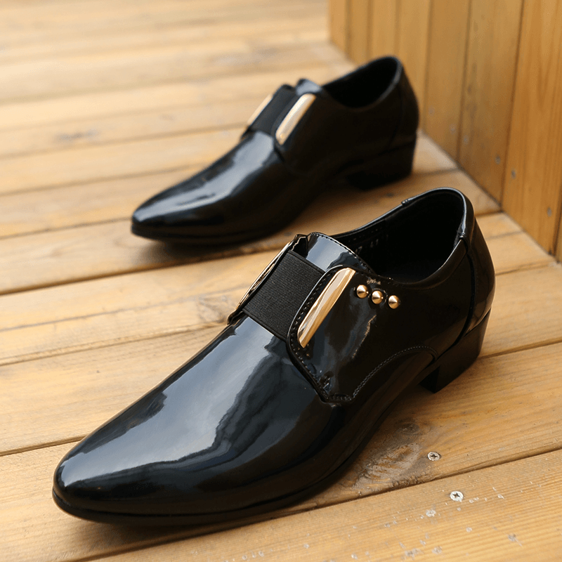 lovevop Men Patent Leather Glossy Pointed Toe Slip-On Dress Shoes