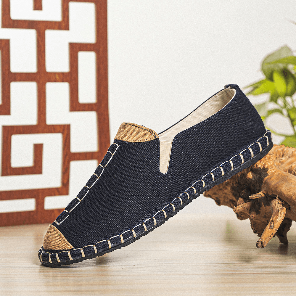 lovevop Men Canvas Breathable Non Slip Hand Stitching Comfy Old Peking Casual Linen Shoes