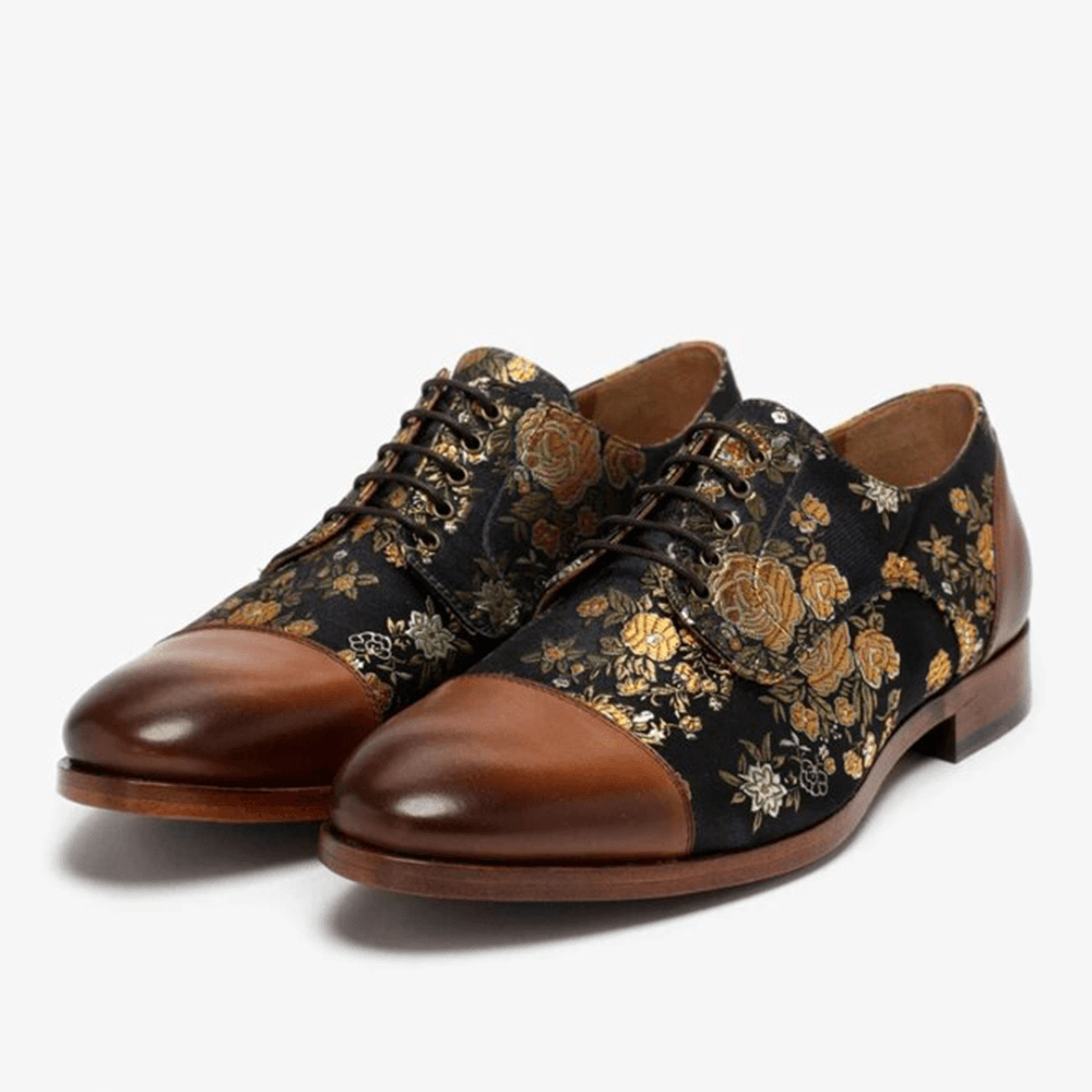 lovevop Men Floral Printed British Style Cap Toe Comfy Casual Formal Dress Shoes