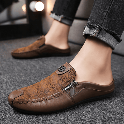 lovevop Men Leather Vintage Breathable Soft Bottom Closed Toe Comfy Casual Flat Slippers