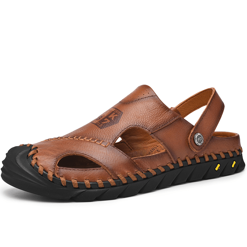 lovevop Men Anti-Collision Toe Cow Leather Hand Stitching Outdoor Water Sandals