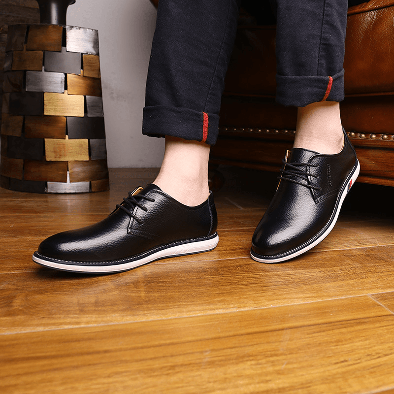 lovevop Men Cowhide Leather Breathable Non Slip Comforty Classical Casual Business Shoes