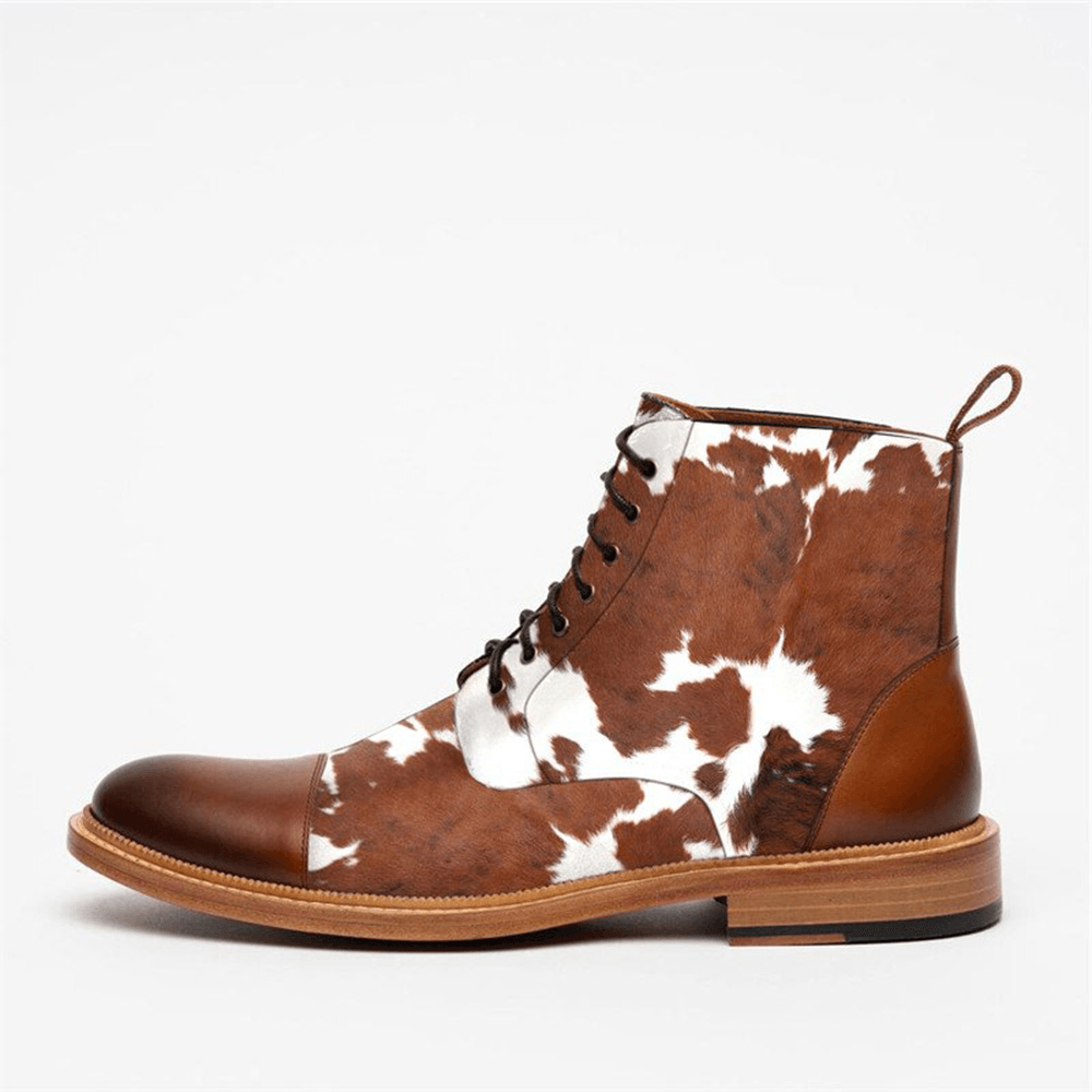 lovevop Men Cow Spot Printed Cap Toe Comfy Ankle Jack Boots