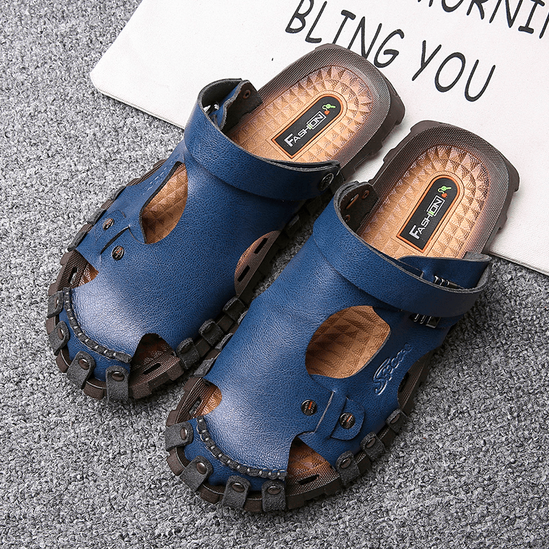 lovevop Men Genuine Leather Sandals Casual Two-Ways Breathable Slippers