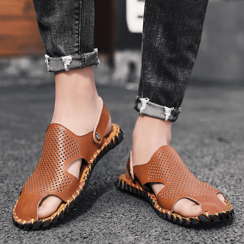 lovevop Men Genuine Leather Two-Ways Closed Toe Breathable Leisure Sandals