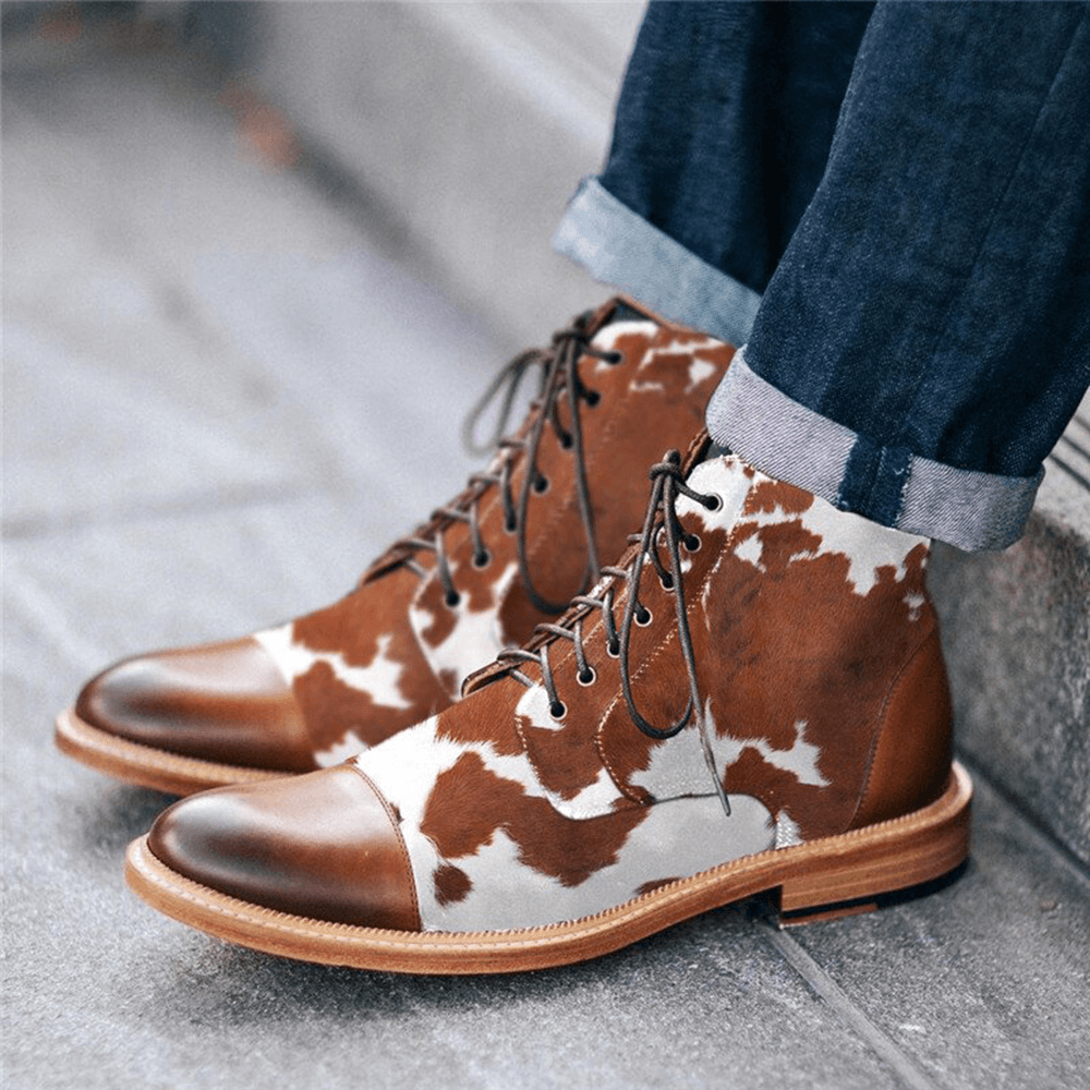 lovevop Men Cow Spot Printed Cap Toe Comfy Ankle Jack Boots