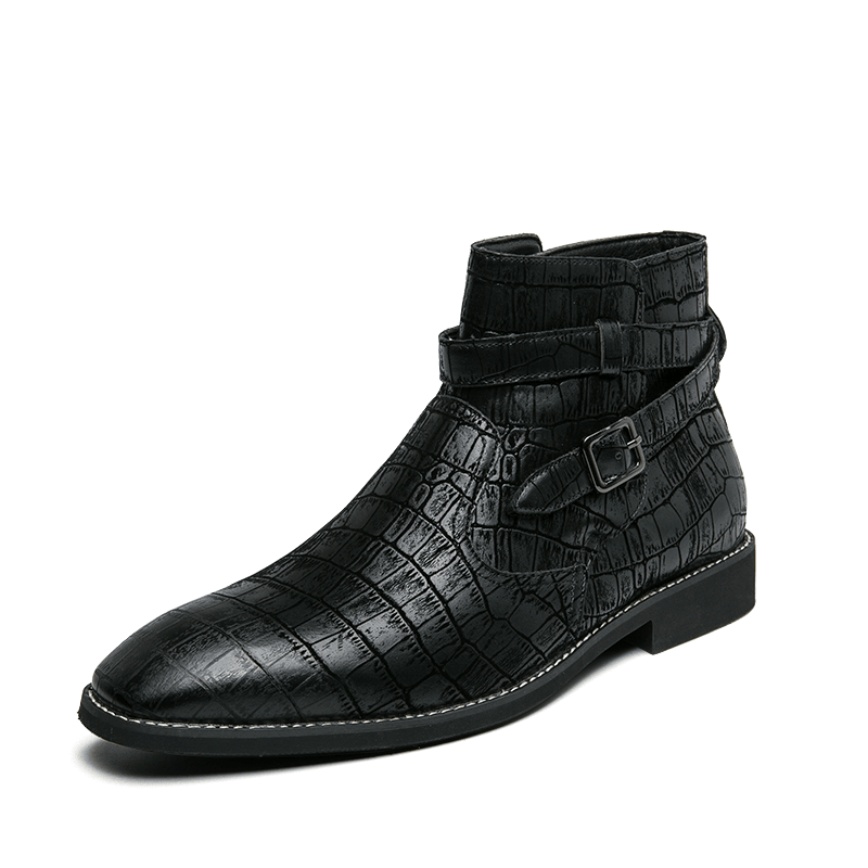 lovevop Men Fashion Comfy Embossed Leather Metal Buckle Strap Ankle Boots