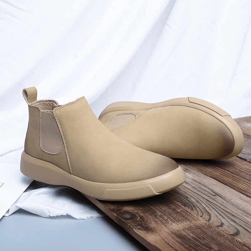 lovevop Men Comfy Cowhide Leather Non Slip Elastic Slip on Casual Chelsea Boots