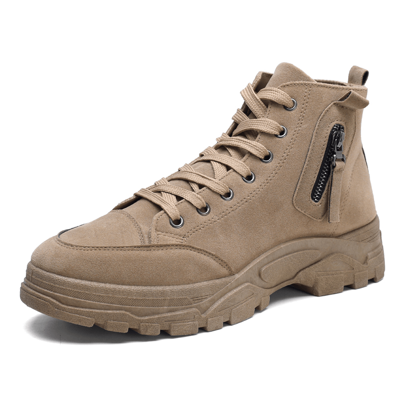 lovevop Men Suede Tooling Boots Side Zipper Comfy Slip Resistant Outdoor Casual Ankle Boots