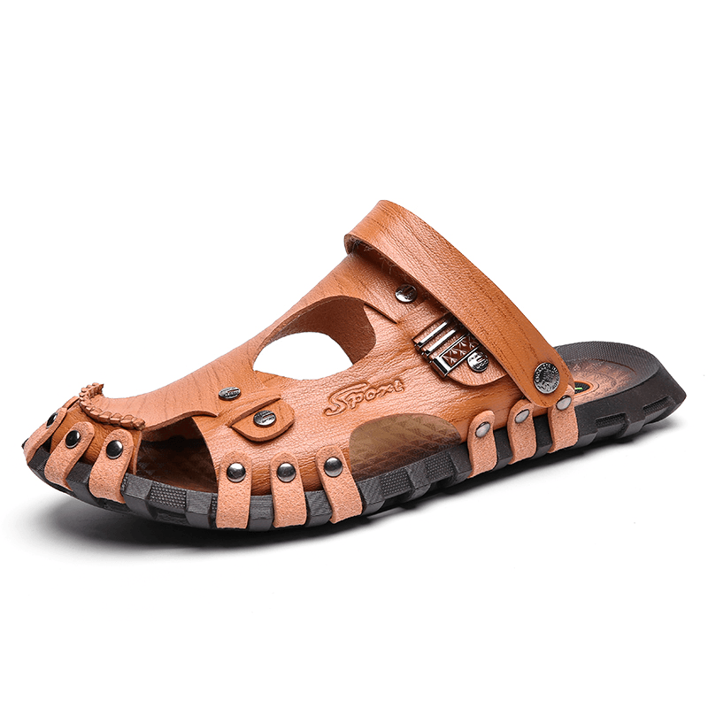 lovevop Men Genuine Leather Sandals Casual Two-Ways Breathable Slippers