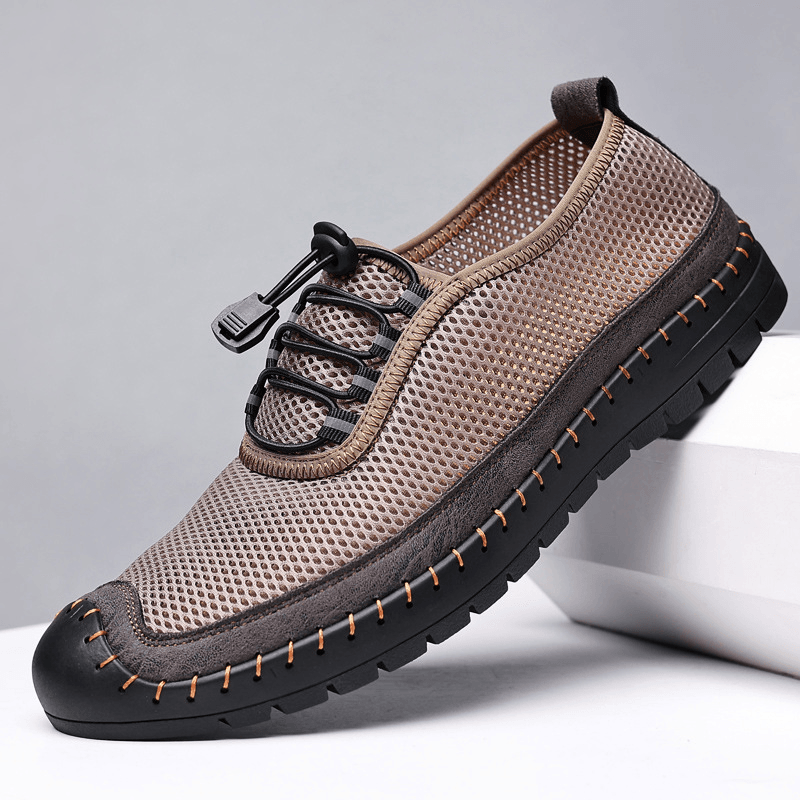 lovevop Men Mesh Breathable Hollow Out Hand Stitching Soft Bottom Closed Toe Casual Shoes