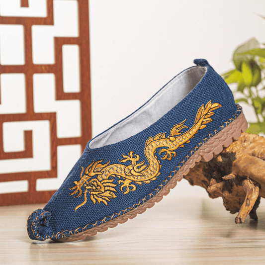 lovevop Men Breathable Non Slip Old Peking Dragon Embroidery Comfy Casual Linen Shoes