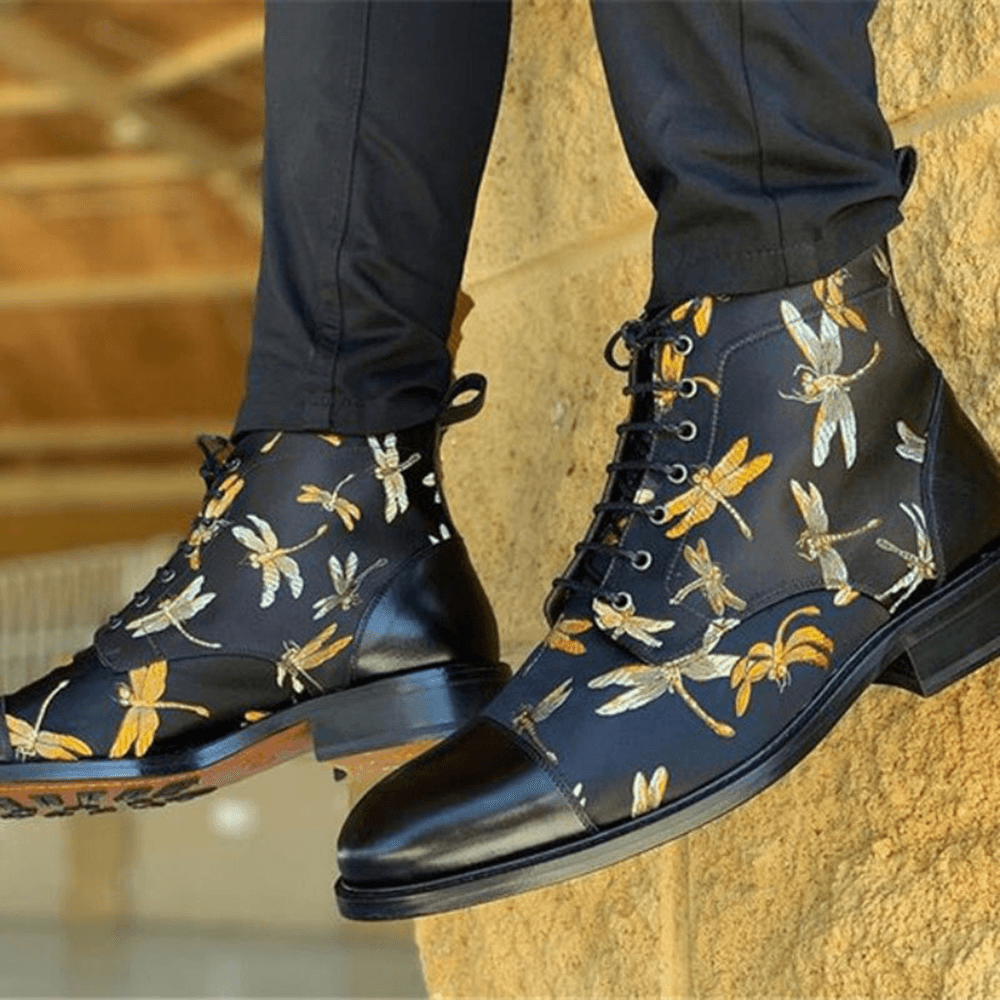 lovevop Men British Style Cap Toe Splicing Dragonflies Printed Cloth Ankle Jack Boots