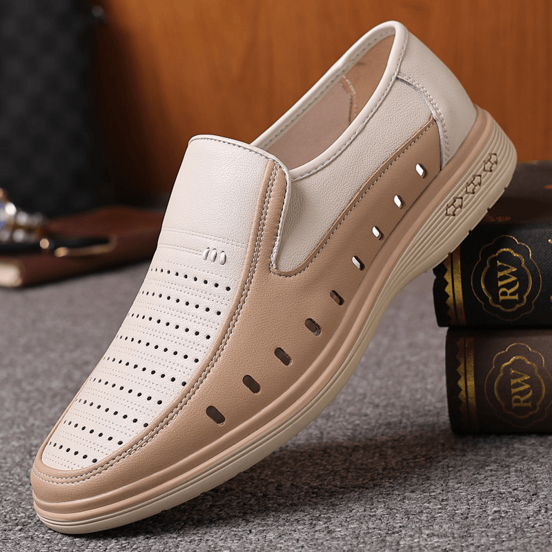 lovevop Breathable Cowhide Leather Slip-On Casual Shoes for Men with Hollow Out Design