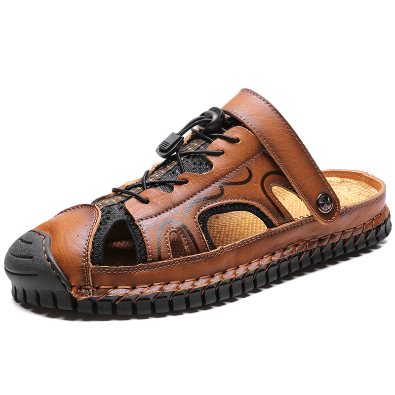 lovevop Men Cowhide Leather Two-Ways Breathable Closed Toe Non Slip Casual Outdoor Sandals