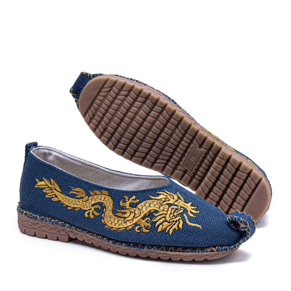 lovevop Men Breathable Non Slip Old Peking Dragon Embroidery Comfy Casual Linen Shoes