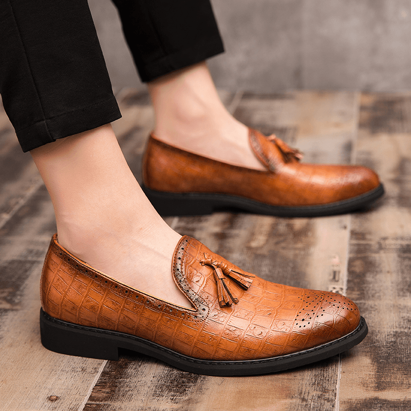 lovevop Men Brogue Tassel Decor Microfiber Leather Slip on Party Formal Shoes