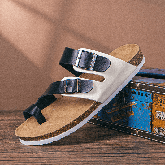 lovevop Men Breathable Non Slip Cork Bottom Toe Ring Beach Casual Slippers