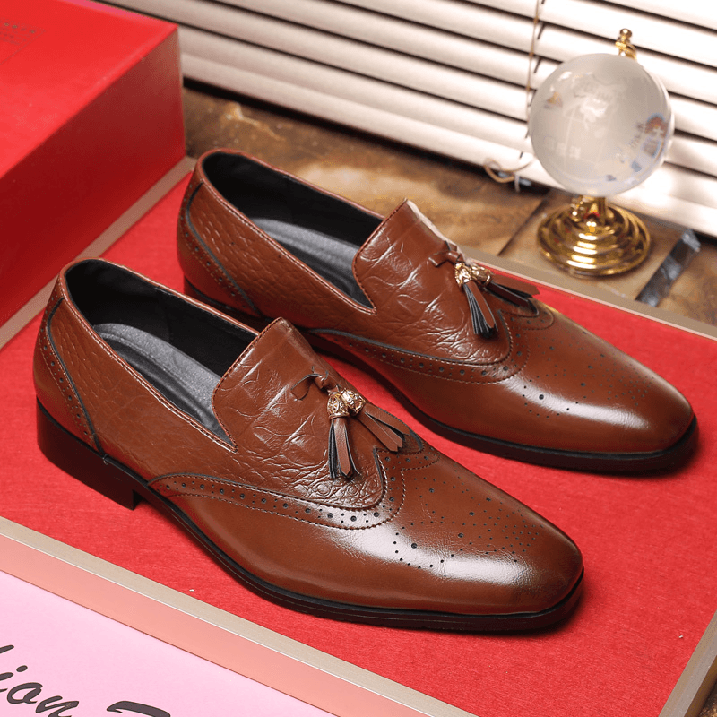 lovevop Men Brogue Tassel Decor Dress Loafers Slip on Business Casual Formal Shoes