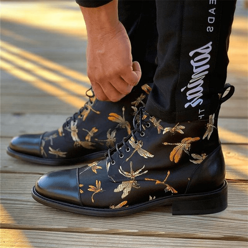 lovevop Men British Style Cap Toe Splicing Dragonflies Printed Cloth Ankle Jack Boots