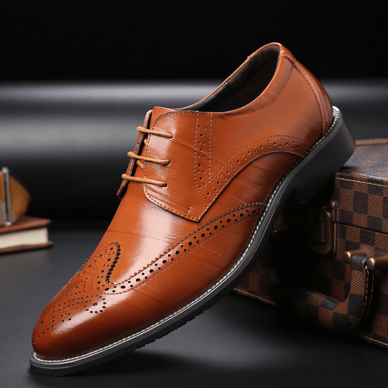 lovevop Menico Men Brief Cowhide Lace-Up Pointed Toe Business Dress Shoes