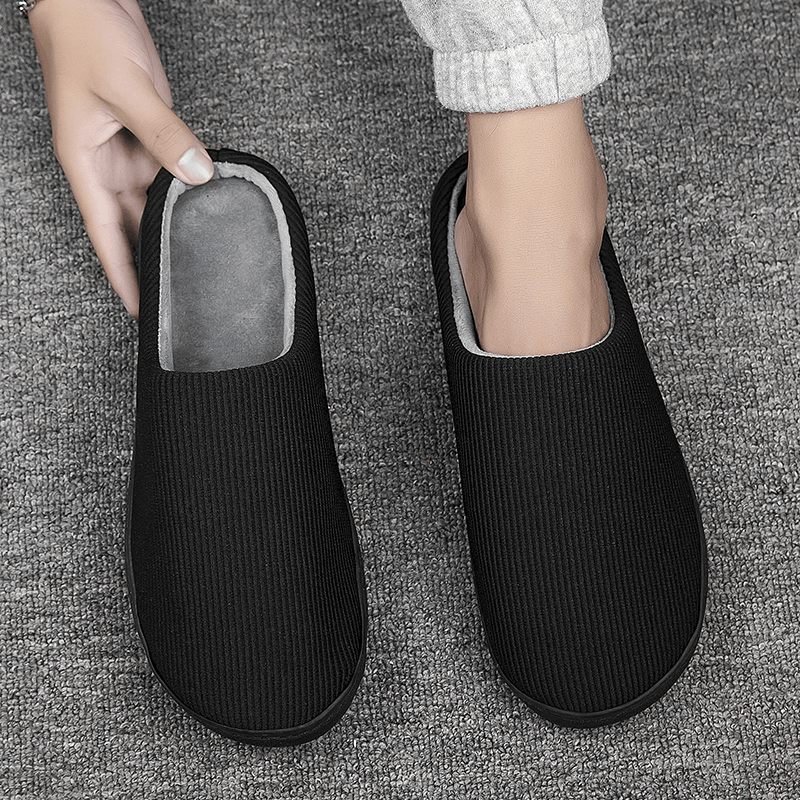 lovevop Men Pure Color round Toe Non Slip Warm Slip-On Home Cotton Slippers