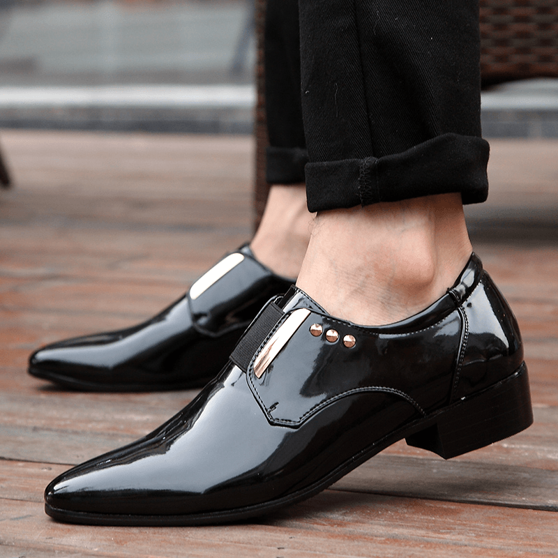 lovevop Men Patent Leather Glossy Pointed Toe Slip-On Dress Shoes