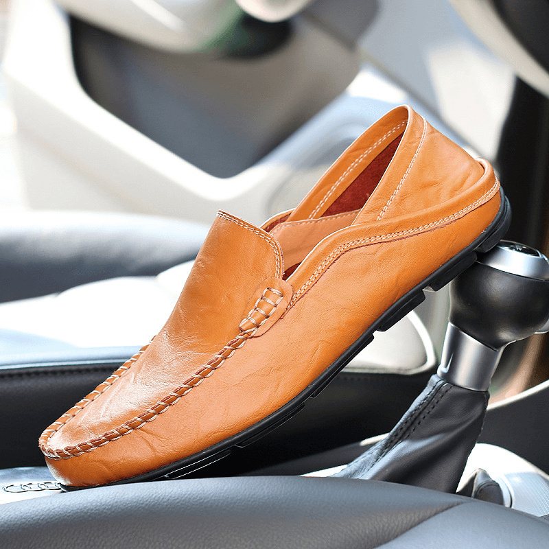 lovevop Men Hand Stitching Two Way Soft Walking Casual Leather Flats