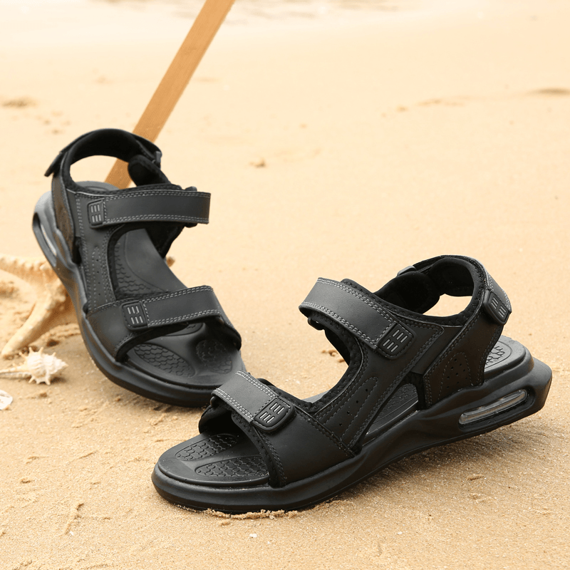 lovevop Men Outdoor Sport Cushioned Comfy Hook Loop Leather Beach Sandals