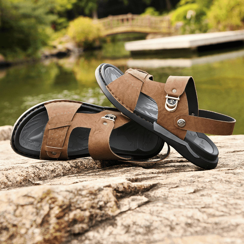 lovevop Men Microfiber Leather Two-Ways Breathable Soft Non-Slip Casual Outdoor Sandals