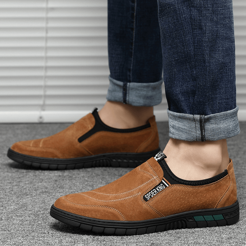 lovevop Men Comfy Pigskin Leather Stitching Non-Slip round Toe Lazy Slip-On Loafers Shoes