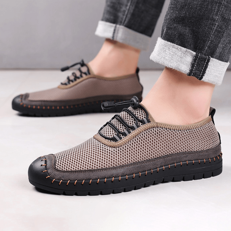 lovevop Men Mesh Breathable Hollow Out Hand Stitching Soft Bottom Closed Toe Casual Shoes