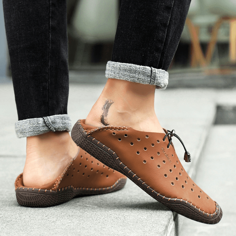 lovevop Men Leather Hand Stitching Breathable Hollow Out Soft Comfy Driving Casual Shoes