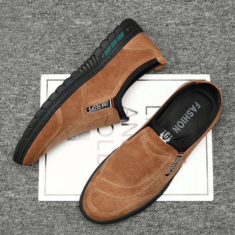 lovevop Men Comfy Pigskin Leather Stitching Non-Slip round Toe Lazy Slip-On Loafers Shoes