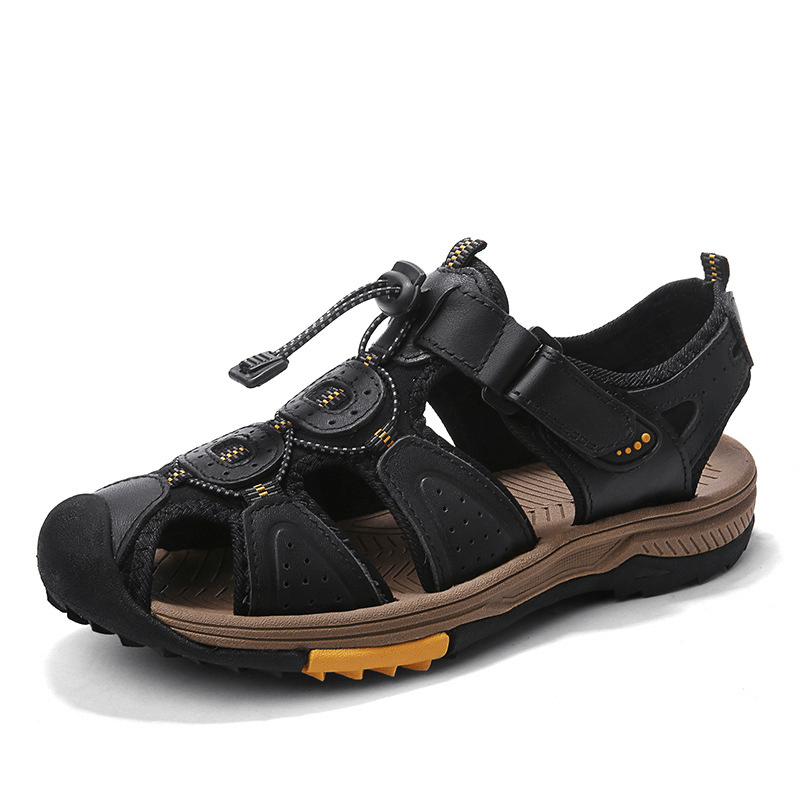 lovevop Men Cowhide Leather Non Slip Closed Toe Beach Casual Outdoor Sandals