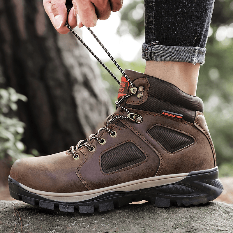 lovevop Men Outdoor Waterproof Slip Resistant Leather Hiking Boots