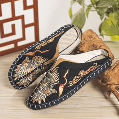 lovevop Men Breathable Non Slip Old Peking Slip on Comfy Linen Shoes Casual Slippers