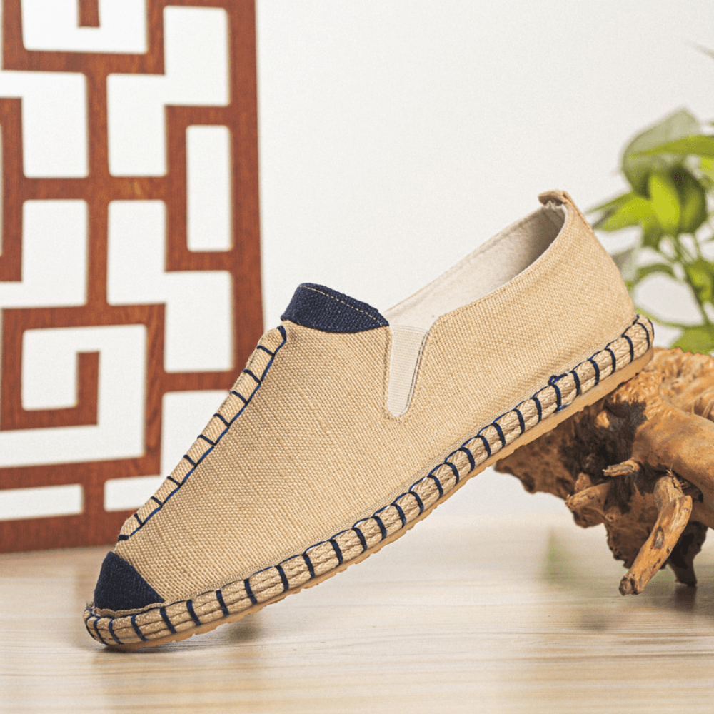 lovevop Men Canvas Breathable Non Slip Hand Stitching Comfy Old Peking Casual Linen Shoes