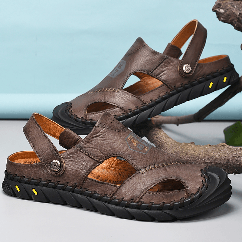 lovevop Men Anti-Collision Toe Cow Leather Hand Stitching Outdoor Water Sandals