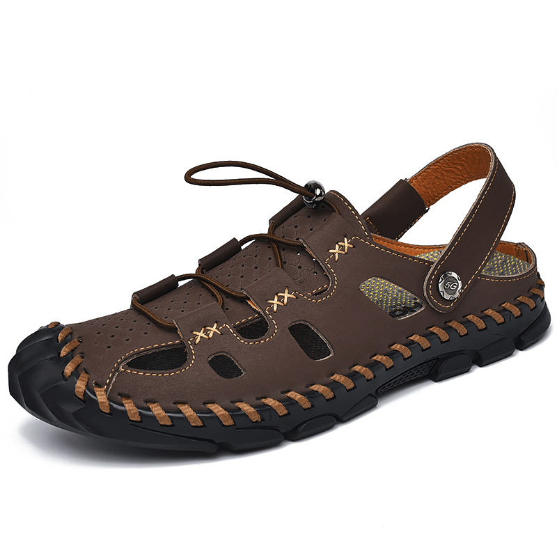 lovevop Men Outdoor Slip Resistant Soft Comfy Hand Stitching Beach Sandals