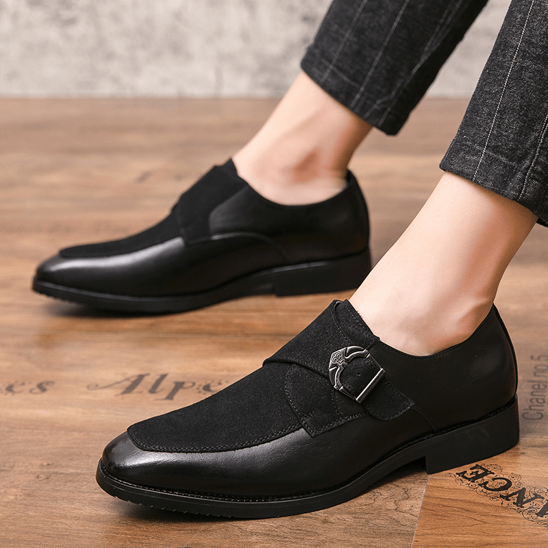 lovevop Men Retro Metal Buckle Leather Splicing Synthetic Suede Comfy Wearable Business Casual Shoes
