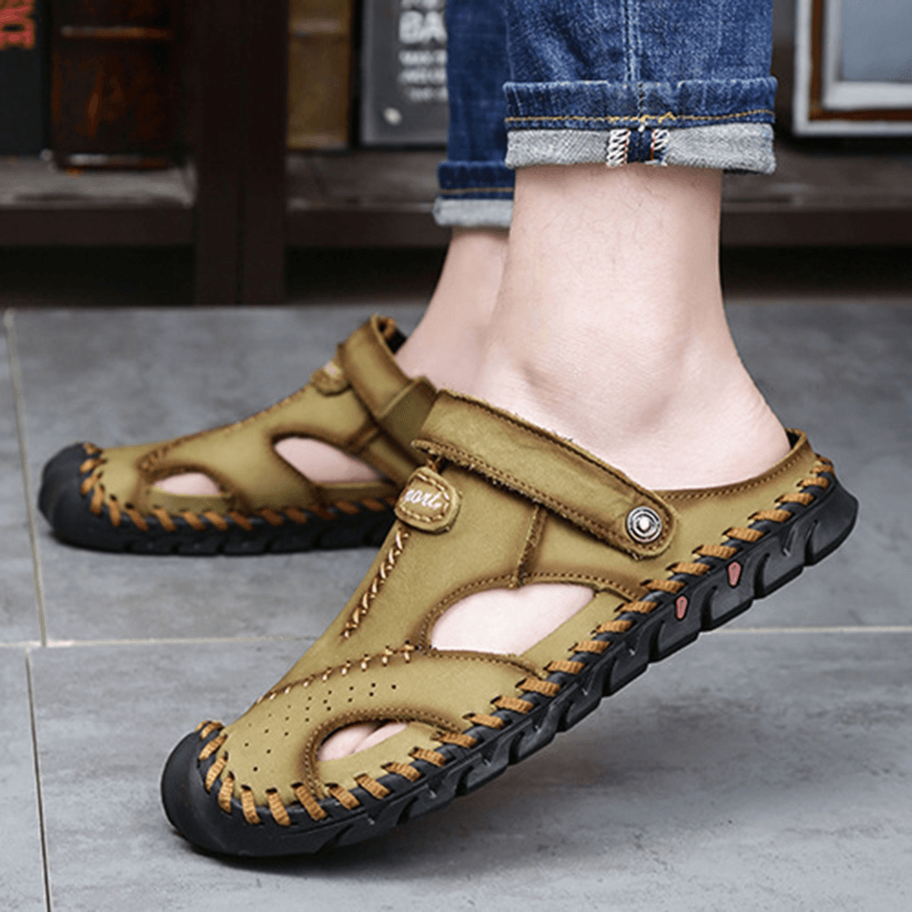 lovevop Men Hand Stitching Non Slip Outdoor Casual Beach Leather Sandals