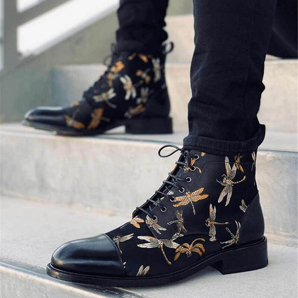 lovevop Men British Style Cap Toe Splicing Dragonflies Printed Cloth Ankle Jack Boots