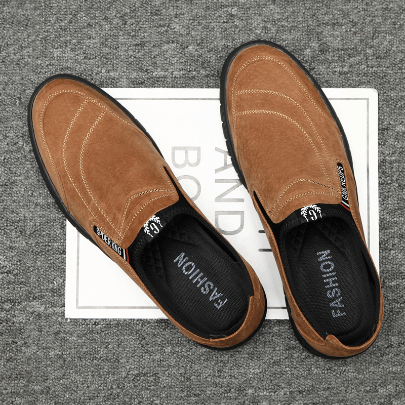 lovevop Men Comfy Pigskin Leather Stitching Non-Slip round Toe Lazy Slip-On Loafers Shoes