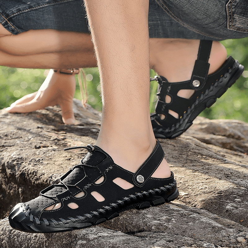 lovevop Men Outdoor Slip Resistant Soft Comfy Hand Stitching Beach Sandals
