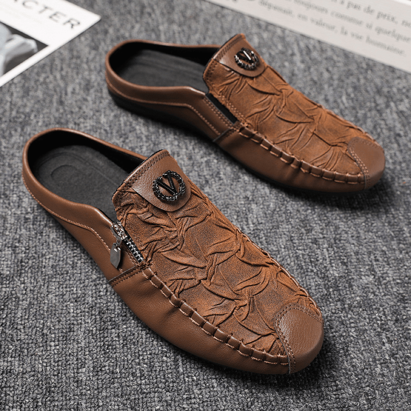 lovevop Men Leather Vintage Breathable Soft Bottom Closed Toe Comfy Casual Flat Slippers