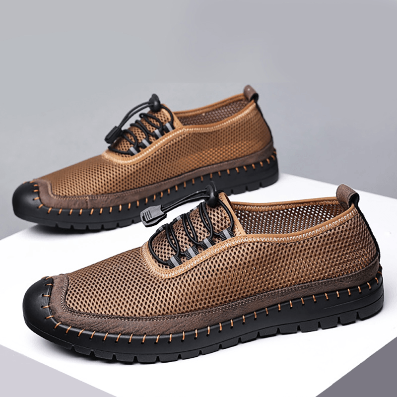 lovevop Men Mesh Breathable Hollow Out Hand Stitching Soft Bottom Closed Toe Casual Shoes