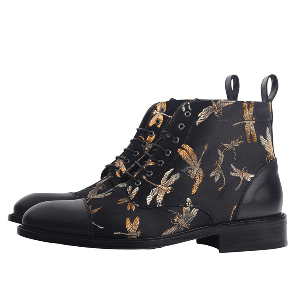 lovevop Men British Style Cap Toe Splicing Dragonflies Printed Cloth Ankle Jack Boots