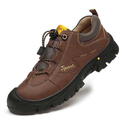 lovevop Men Genuine Leather Slip Resistant Elastic Lace Casual Outdoor Hiking Shoes